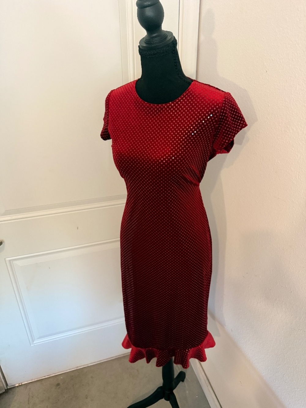Y2K My Michelle Burgundy Red Velvet Polka Dot Ruffle Midi Dress